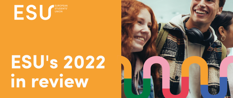 The picture displays the publications title "ESU's 2022 in review" next to a picture of two happily laughing students.