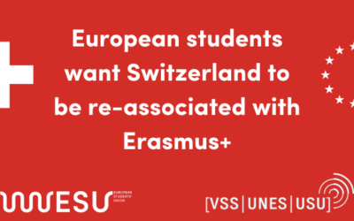 Red background with Swiss (cross) and European (stars) flag symbols static that European students want Switzerland to be re-associated with Erasmus+. Logos of the European Students Union and VSS-UNES-USU portrayed.